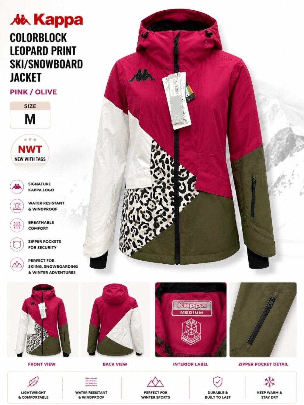 NWT Kappa Colorblock Leopard Print Ski Snowboard Jacket Pink Olive Size M